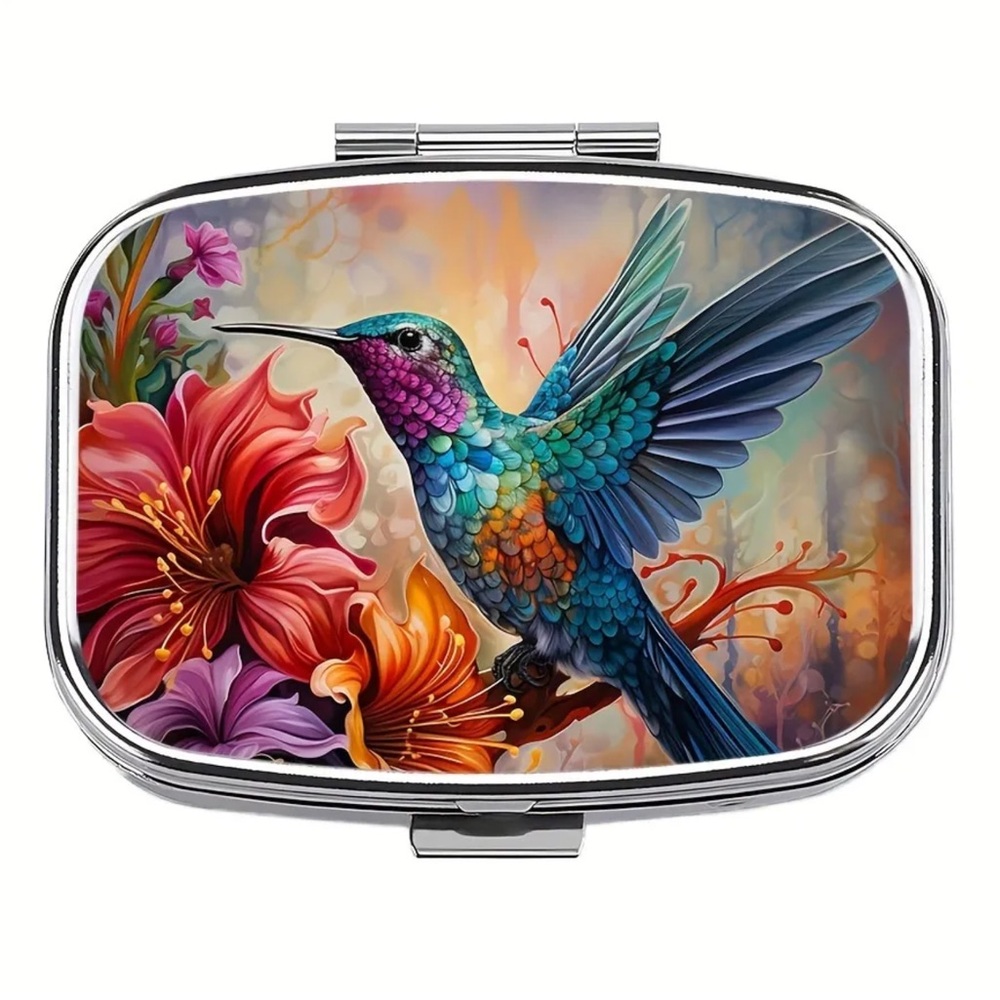 Hummingbird Flower Garden Whimsical Multi-Use Mirrored Pill Box Container